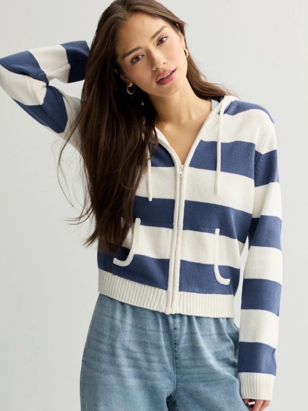 Pink Republic Long Sleeve Zip-Up Sweater navy blue stripe nautical beachy Hoodie